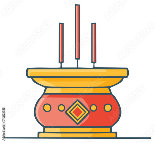 Vibrant Asian incense burner with three burning sticks for spiritual offering cartoon vector illustration