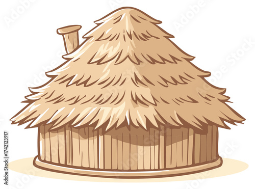 Simple cartoon illustration of a traditional round hut with a thatched roof and wood walls