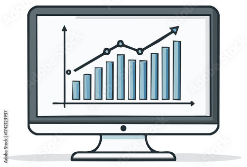 Computer screen displaying graph of increasing bar chart with upward trending line