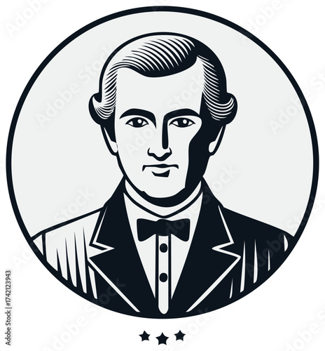 Vintage formal gentleman bust with bow tie in circular frame