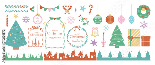 Christmas ornament and frame vector illustration set. Collection of christmas tree, gift, candy cane, screen, bauble, wreath, holly, snowflake. Design for sticker, card, poster, invitation, greeting.