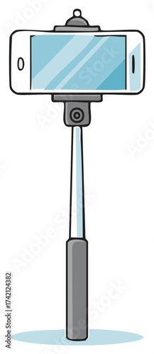 Cartoon smartphone attached to a selfie stick ready for capturing memorable moments illustration