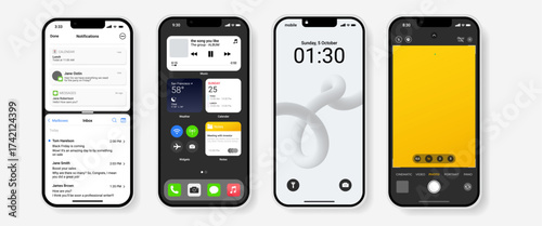 Modern mobile phone mockups with various iOS-style screens: notifications, widgets, home screen, lock screen, and camera interface. Minimal and realistic mobile UI design.