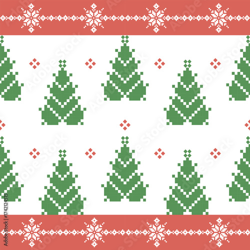 Christmas and New Year seamless pattern. Red snowflakes and Green Christmas tree on  White pixel pattern.