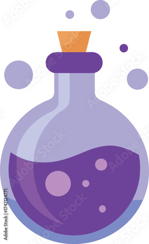 Purple potion in a round glass bottle with cork and bubbles