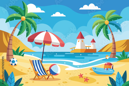 Vector art of tropical beach with palm trees, sand castle, umbrella, and inflatable boat on summer day
