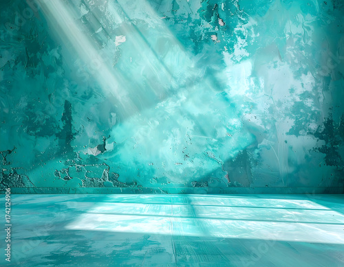 Aquamarine room with sunbeams casting shadows on floor and wall