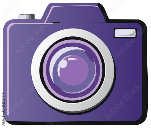 Vibrant purple photographic camera vector illustration with lens and shutter button