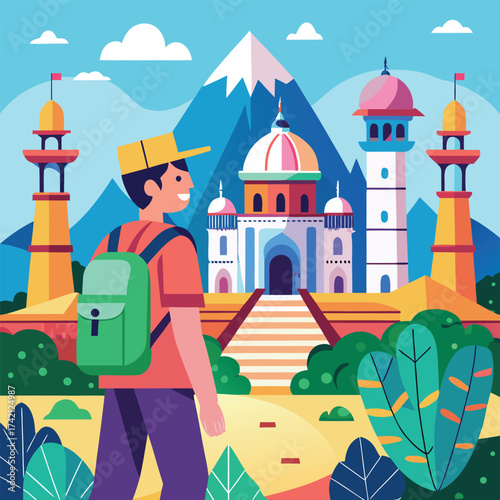 Vector art of young man with backpack visiting nepal temple and mountain on a sunny day