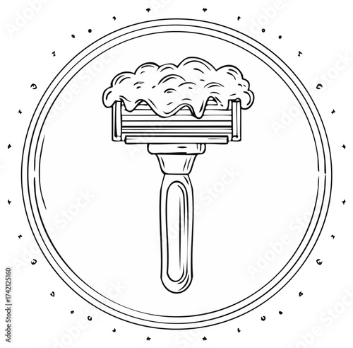 Razor with lather in line art style inside circle shape design Men's hygiene and shaving product