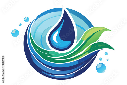 Vector art of water drop logo with green leaves, vector illustration