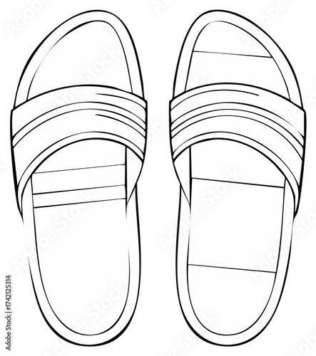 Black and white line art sketch of a pair of simple comfortable modern slide sandals