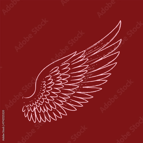 Elegant stylized wing with detailed feather patterns on a deep red