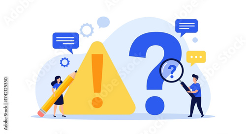 Illustration of people interacting with a large question mark, exclamation point, and speech bubbles, symbolizing problem-solving.