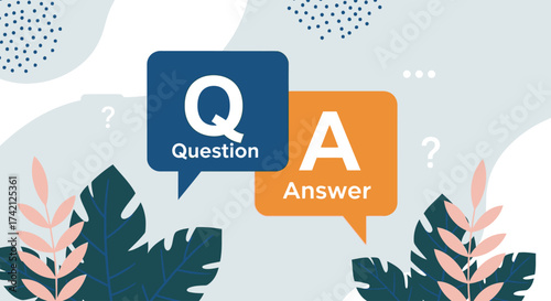 Question and Answer graphic with speech bubbles, decorative leaves, and a light background.