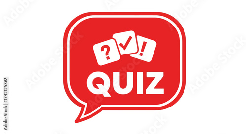 A red speech bubble icon with the word "QUIZ" and three question mark, checkmark, and exclamation point symbols.