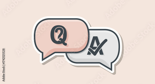 Two speech bubbles, one with a question mark and the other with an answer checkmark, symbolizing Q&A.