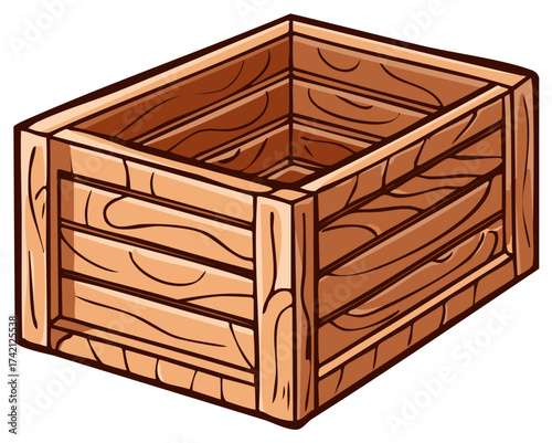 Illustration of Open Empty Brown Wooden Crate for Transporting Goods or Display