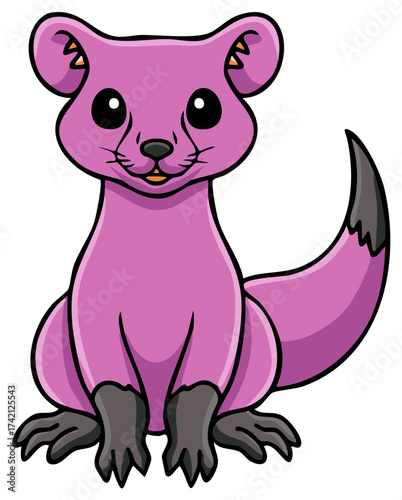 Cute cartoon purple ferret with a bushy tail and pointy ears looking forward