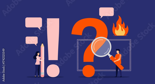 Illustration depicting problem-solving, questions, and exclamation, with people interacting with symbols.