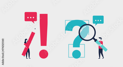 Illustration showing people interacting with an exclamation mark and a question mark, symbolizing problem-solving and inquiry.