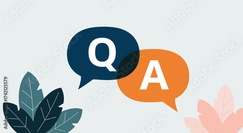 Illustration depicting a question and answer concept, with speech bubbles and decorative leaves.