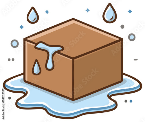 Cardboard Box Leaking Water Cartoon Illustration Moisture Damage Wet Box Drips Puddle