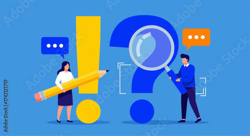 Illustration of two people, one holding a pencil next to an exclamation mark, the other using a magnifying glass on a question mark.