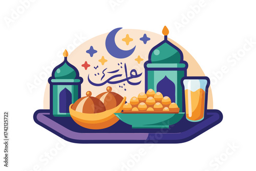Ramadan Kareem Iftar Tray with Snacks on White Background