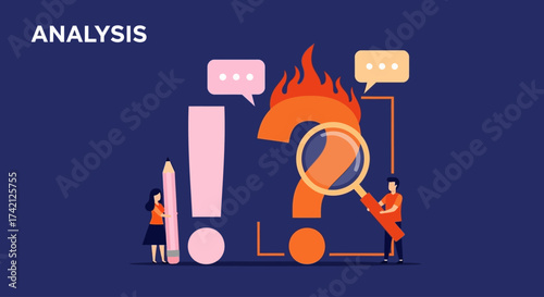 Illustration of two people analyzing a burning question mark with speech bubbles and an exclamation point.
