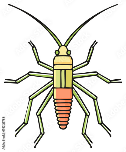 Stylized Cartoon Insect Illustration of a Plant Bug with Long Antennae and Multiple Legs