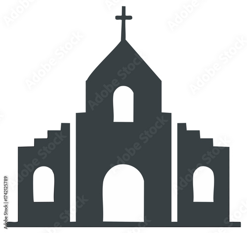 Silhouette of a church building with cross on top. Religious symbol, graphic illustration.