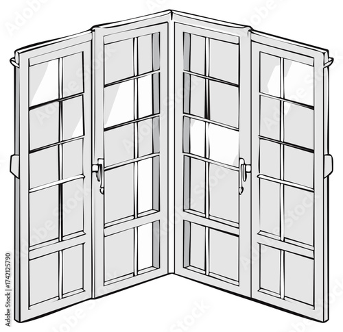 Open french door interior illustration with multiple windows, bright light, stylish design element