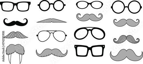 Fun collection of diverse eyeglasses and mustaches for playful disguise and costume