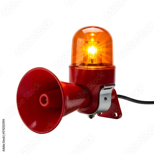 Red emergency siren with orange light and horn on transparent background