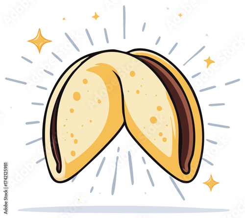 Drawn illustration of a fortune cookie with dark chocolate, radiating light and stars.