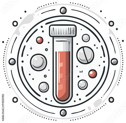 Medical test tube illustration with pills and spherical elements, science and medicine concept