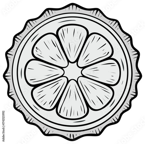 Stylized bottle cap graphic with citrus segments. Metal bottle cap design with fruit. Vintage beverage stopper emblem with lemon or orange wedges.