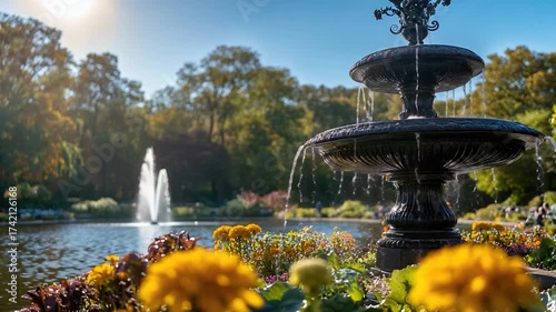 A picturesque scene of a fountain surrounded by colorful flowers in a peaceful park