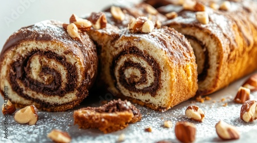 Chocolate and nut roll cake with powdered sugar and almond toppings