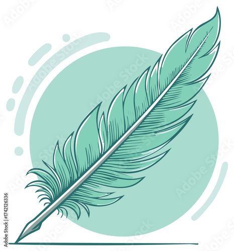 Vibrant Teal Quill Feather Pen Vector Artwork Representing Writing and Literature
