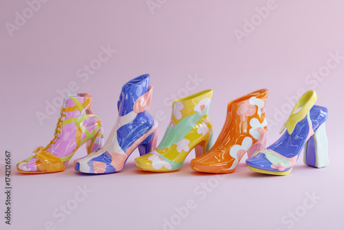 Colorful abstract women's shoes on pink background with unique artistic patterns