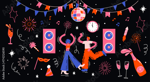 New years Eve celebration party vector sticker design set with cartoon retro groovy colorful bold illustration of dancing people, rave, disco ball, sparkling wine, birthday hat, holiday fireworks