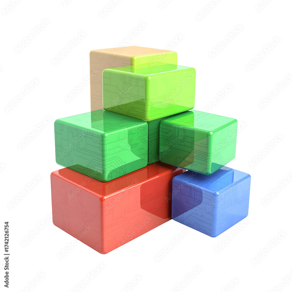 Fototapeta premium Stacked colorful cubes arrangement on transparent background