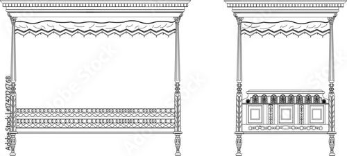 Vector sketch illustration silhouette of wooden house furniture design with traditional ethnic vintage classic retro decoration ornaments