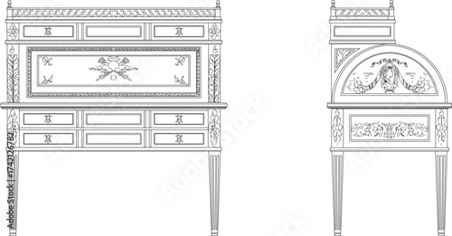 Vector sketch illustration silhouette of wooden house furniture design with traditional ethnic vintage classic retro decoration ornaments