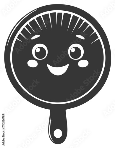 Happy Frying Pan Icon with Cartoon Face Kitchen Utensil Illustration Vector Cute Smiling Fry Pan with Handle
