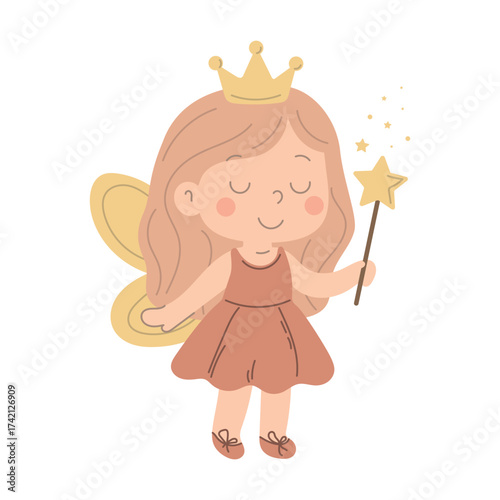 
A vector illustration of a cute fairy in a simple cartoon style. Perfect for children's designs, greeting cards, posters, and fairy tales
