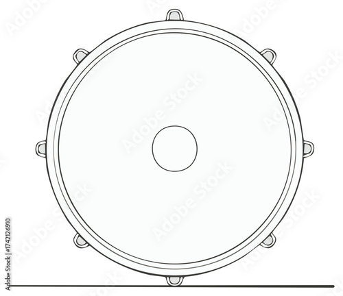 Line Art Illustration of a Snare Drum Musical Instrument with Mounting Hardware