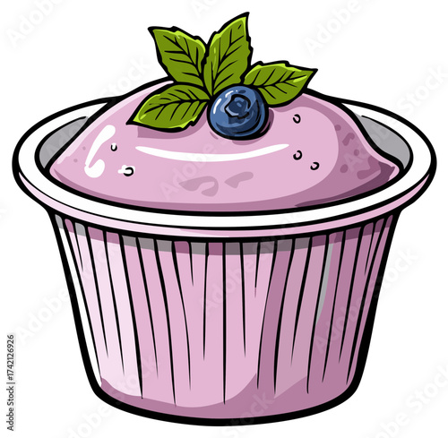 Stylized Pink Cupcake with Blueberry and Mint Leaf Illustration Delicious Treat